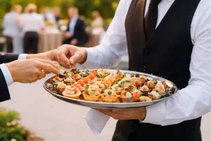 Blog de catering en Asturias 2 camareros sirviendo aperitivos en catering tipo cóctel en Asturias