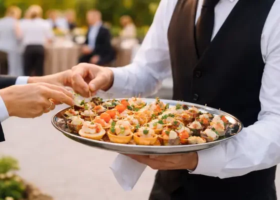 camareros sirviendo aperitivos en catering tipo cóctel en Asturias