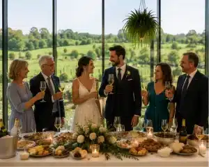 Blog de catering en Asturias 1 Invitados interactuando en una boda dinámica con formato de cóctel premium en Asturias.