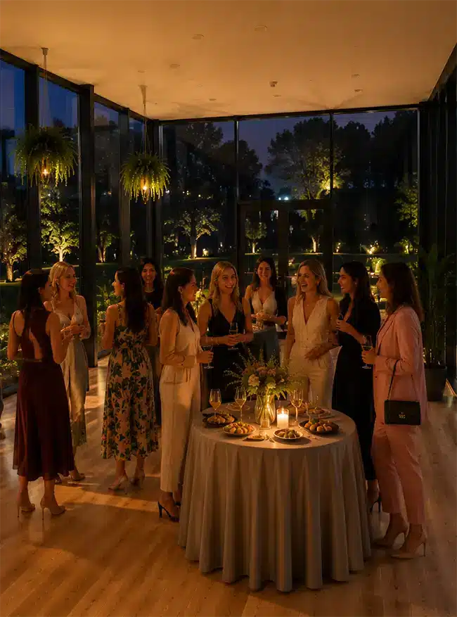 Grupo de amigas brindando en una despedida de soltera elegante y privada con formato cóctel en Asturias.