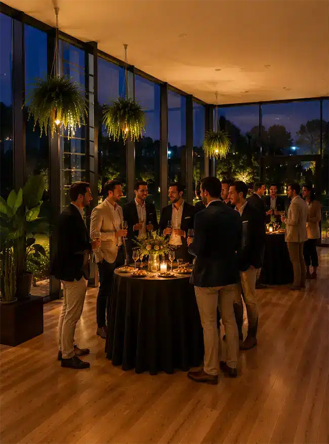 Grupo de amigos celebrando una despedida de soltero exclusiva con alta gastronomía en un salón privado de Asturias.