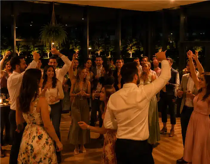 Invitados elegantes bailando y disfrutando de la fiesta nocturna de una boda en el salón privado de El Buen Hacer Eventos en Asturias.