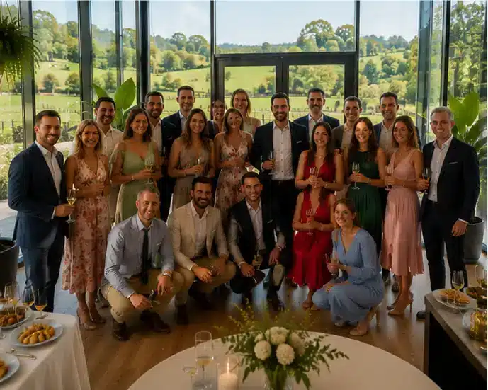 Grupo de invitados elegantes posando durante la celebración de una velada preboda en los salones privados de El Buen Hacer Eventos.