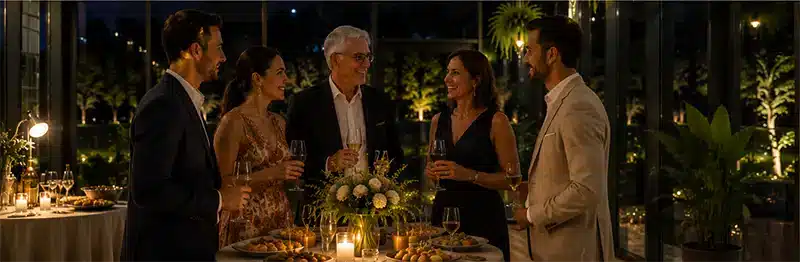 Invitados charlando y disfrutando de un cóctel en una velada preboda privada en Asturias.
